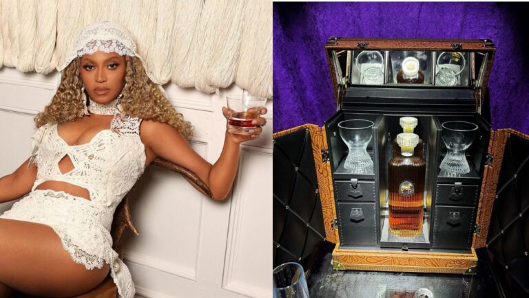 Beyonce Launched Her New Whiskey Label Sir Davis in a White Custom Les Fleur Studio Crochet Dress and Brother Vellies Sandals