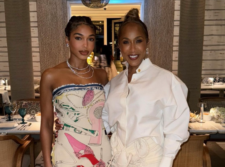 9 Lori and Marjorie Harvey are Mother Daughter Style Goals in a Dior Strapless Doodle Print Dress and a White Schiaparelli Lobster Ruched Skirt copy