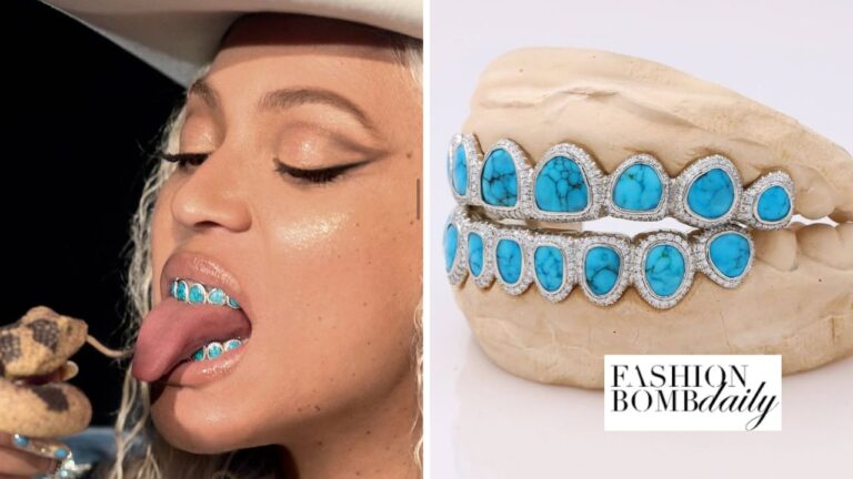 Bomb Accessories Beyonce Debuted a Custom Cowboy Carter 8X8 Spiderweb Turquoise and Diamond Grill.jp